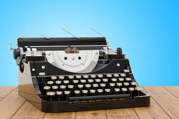 istock Retro Typewriter on the wooden table, 3D rendering 1033971532