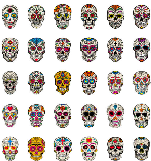 große gruppe von mexikanischen zucker schädel isoliert auf weißem hintergrund. gestaltungselement für poster, karte, t-shirt. - sugar skull stock-grafiken, -clipart, -cartoons und -symbole