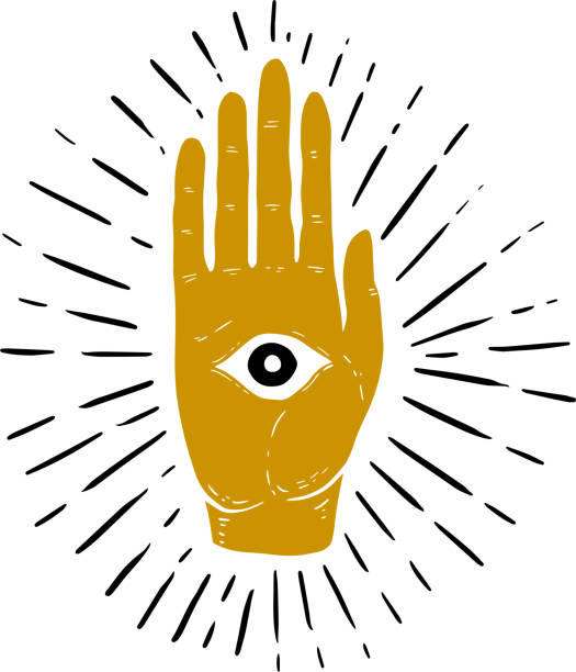 ilustrações de stock, clip art, desenhos animados e ícones de hand drawn illustration of sunburst, hand, and all seeing eye symbol. eye of providence. masonic symbol. - voodoo