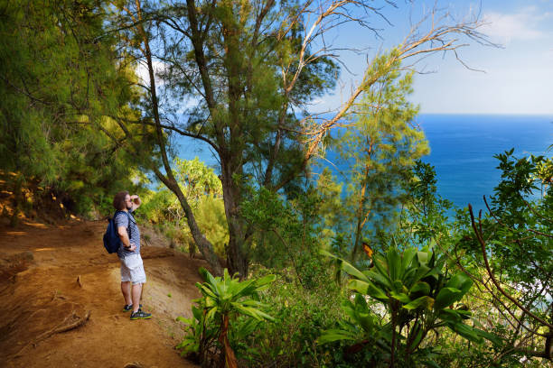 Young male tourist hiking on beautiful Pololu loop trail located near Kapaau, Hawaii, that features beautiful wild flowers and stunning views to the Pololu Valley Young male tourist hiking on beautiful Pololu loop trail located near Kapaau, Hawaii, that features beautiful wild flowers and stunning views to the Pololu Valley. Big Island, Hawaii. pololu stock pictures, royalty-free photos & images