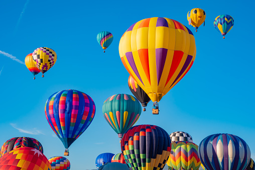 Many hot air balloons fill the blue sky.