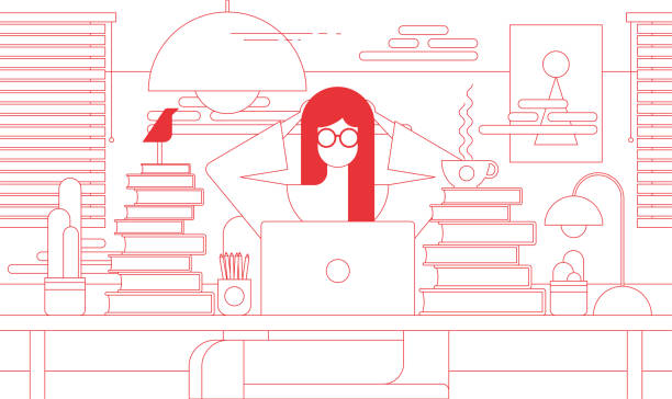 illustrazioni stock, clip art, cartoni animati e icone di tendenza di donna che lavora in ufficio - scrivania illustrazioni