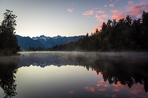 Lake Matheson Nature Panorama at Sunrise, New Zealand