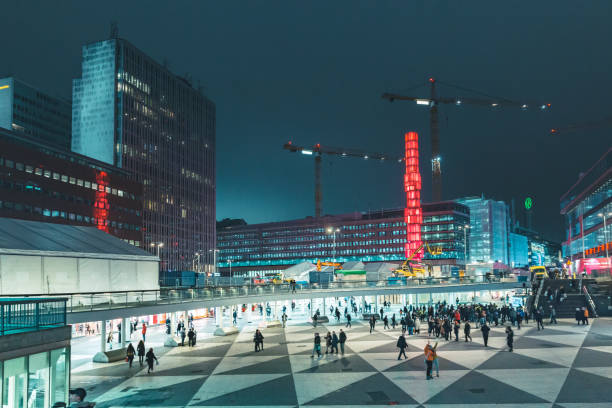 Sergels Torg square at night, central Stockholm, Sweden STOCKHOLM, SWEDEN - NOVEMBER 11, 2017: Panoramic view of famous Sergels Torg square at night, central Stockholm, Sweden, Scandinavia stockholm town square sergels torg sweden stock pictures, royalty-free photos & images