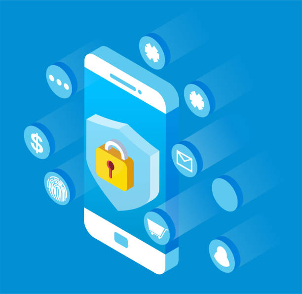 illustrazioni stock, clip art, cartoni animati e icone di tendenza di sicurezza della rete di telefonia mobile isometrica - padlock lock security system security