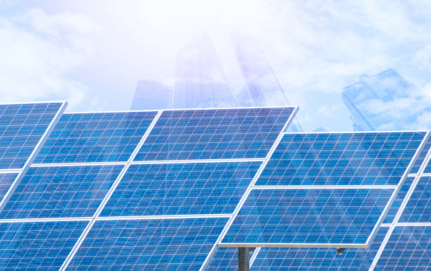 istock Power plant using renewable solar energy with city building background 1034036288