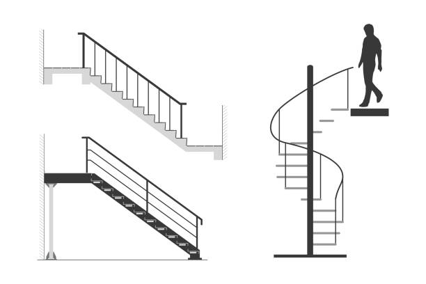 ilustraciones, imágenes clip art, dibujos animados e iconos de stock de conjunto de escalera de acero con silueta de hombre bajar por escalera de caracol, ilustración vectorial - black ladder white staircase