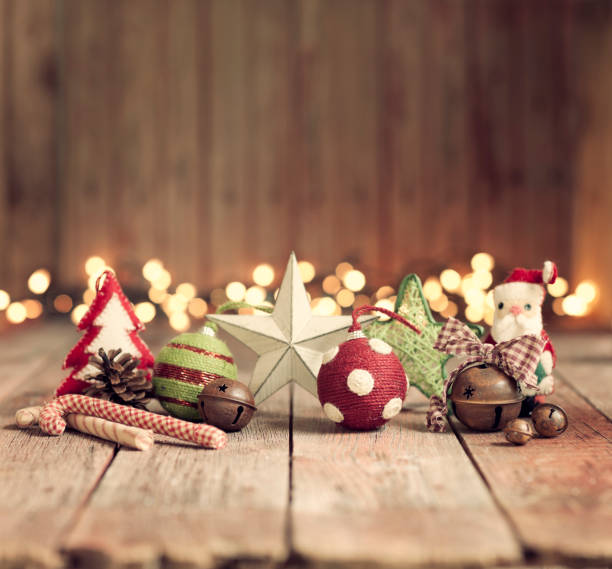 Christmas holiday Eco Friendly Decorations against an Old Rustic Wood Background