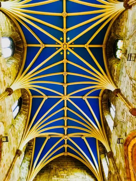 This is the ceiling of St. Giles' Cathedral in Edinburgh, Scotland. The church dates back to the 14th century and its sits along the Royal Mile.