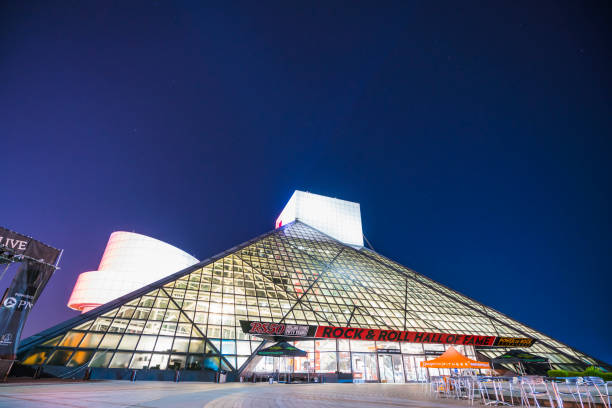rock and roll hall of frame.cleveland,ohio,usa.2-19-17: rock and roll hall of frame at night. stock photo