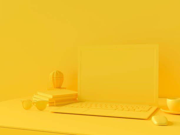 istock Minimal concept, Laptop on table Work desk  yellow color 1034049630