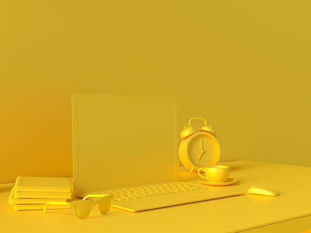 istock Minimal concept, Laptop on table Work desk  yellow color 1034049634