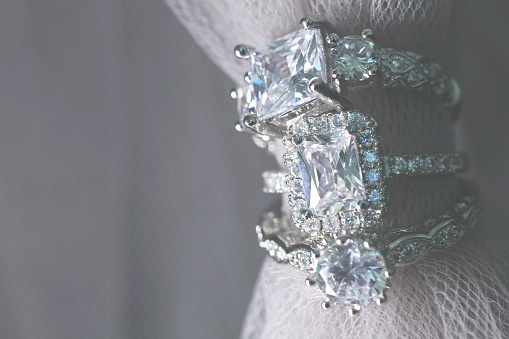 Several diamond wedding engagement rings. Fine jewelry.
