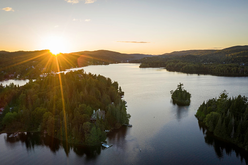 Aerial View of Laurentian's Landscape at Sunset, St-Adolphe D'Howard and Lac St-Joseph, Quebec, Canada