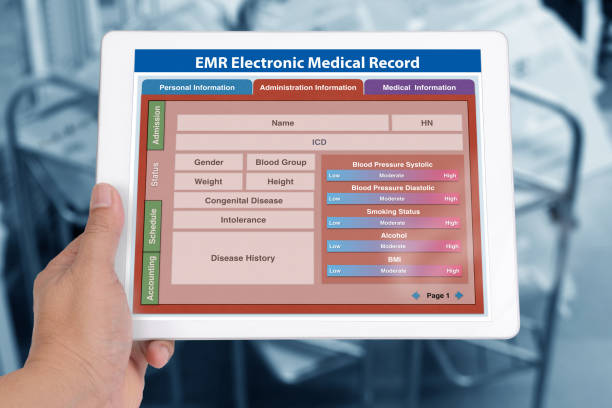 istock Blank patient information form of EMR application showing on digital tablet screen in someone hand. 1034068270
