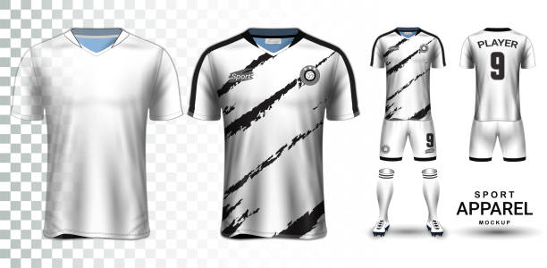 ilustrações, clipart, desenhos animados e ícones de camisa de futebol e futebol kit maquete de apresentação, a t-shirt de frente e vista traseira e é totalmente isolado de personalização em fundo transparente, pode ser usado como um modelo com seu próprio projeto. - short sleeved