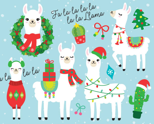 illustrations, cliparts, dessins animés et icônes de noël et fêtes lama et l’alpaga vector illustration - lama