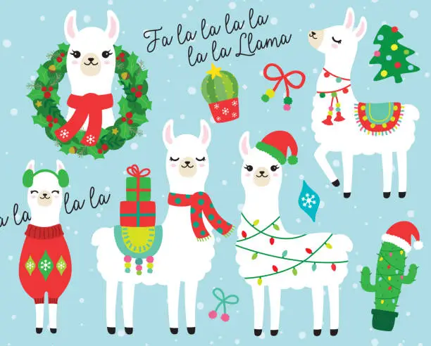 Vector illustration of Christmas and Holidays Llama and Alpaca Vector Illustration