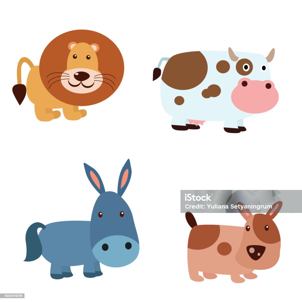 Various Kinds Of Cute Animals Lion Dairy Cow Donkey And Dog Cartoon  Character Stock Illustration - Download Image Now - iStock