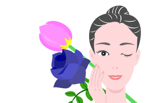 ilustraciones, imágenes clip art, dibujos animados e iconos de stock de joven mujer tocando su rostro - white background beauty and health flower human hand