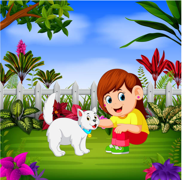 the beautiful girl plays with her cat near the fence illustration of beautiful girl plays with her cat near the fence person sitting on fence stock illustrations