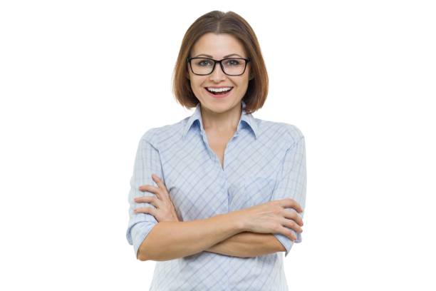istock Smiling middle aged woman with folded arms on white background, isolated. 1034131450