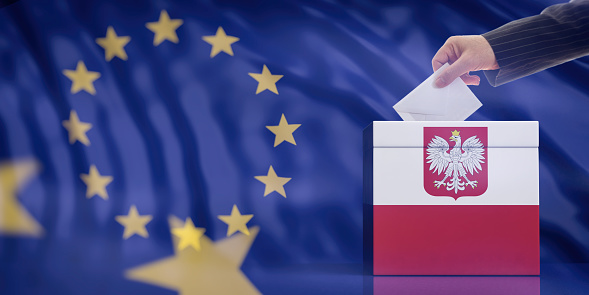Elections in Poland for EU parliament. Hand inserting an envelope in a Polish flag ballot box on European Union flag background. 3d illustration