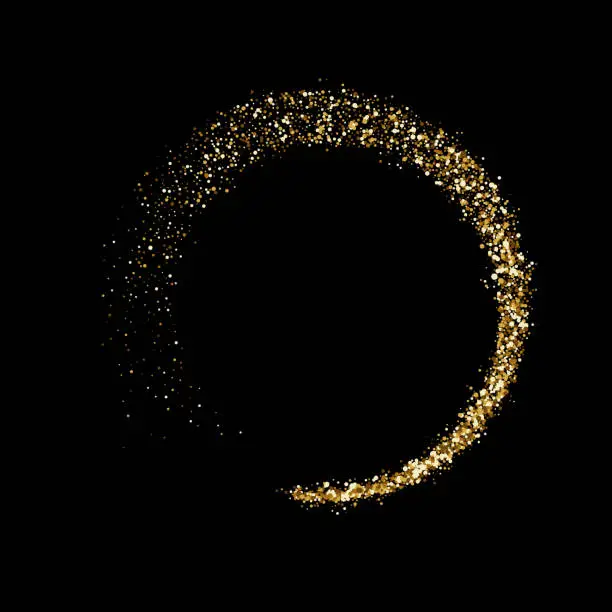 Vector illustration of Golden glitter circle of shining particles twirl. Vector abstract spinning glittery glare confetti background for luxury premium cosmetic or Christmas design