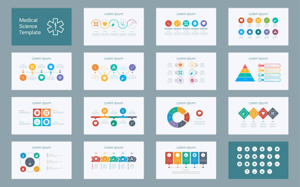 ilustraciones, imágenes clip art, dibujos animados e iconos de stock de resumen ciencias médicas infografía diapositiva de una presentación con icono en fondo color blanco - infografías médicas