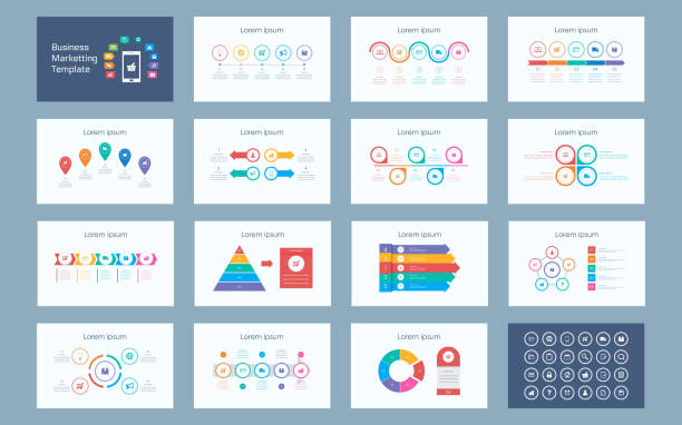 Abstract Business marketting infographics presentation slide set with icon in white color background Abstract Business marketting infographics presentation set with icon in white color background timeline visual aid stock illustrations