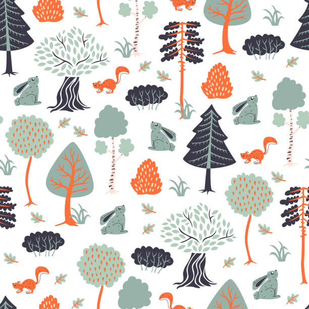 Seamless Pattern with Forest Elements and Animals. Vector Illustration in Doodle Style. Seamless Hand Drawn Background with Trees and Animals. drawing of the cute squirrel stock illustrations