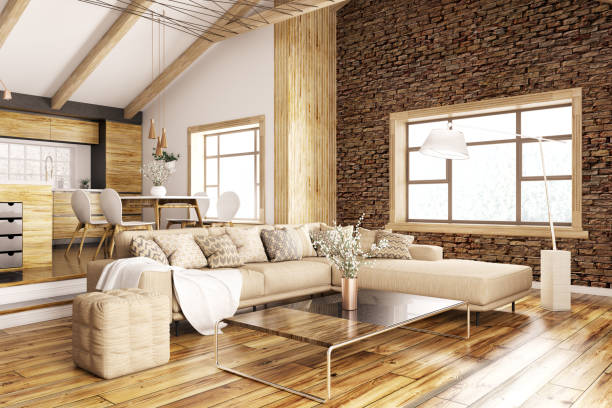 istock Interior of modern living room and kitchen 3d rendering 1034162406