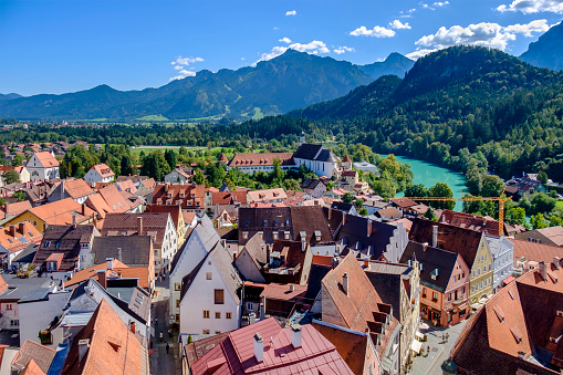 High angle view of Füssen, a town on the famous Romantic Road (Romantische Straße), a \