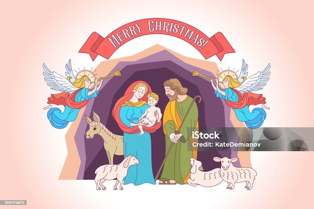 Merry Christmas. Vector greeting card. Virgin Mary, baby Jesus and Saint Joseph the betrothed. Merry Christmas. Vector greeting card. Virgin Mary, baby Jesus and Saint Joseph the betrothed. The Christmas scene. Nativity Scene stock vector