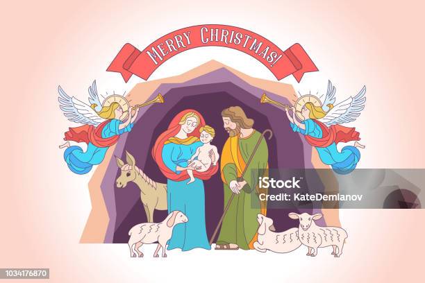 Merry Christmas Vector Greeting Card Virgin Mary Baby Jesus And Saint Joseph The Betrothed Stock Illustration - Download Image Now