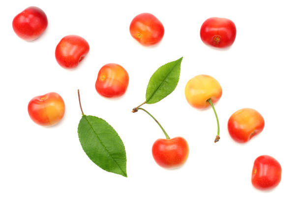 istock red and yellow cherry with green leaf isolated on white background. Top view 1034180038