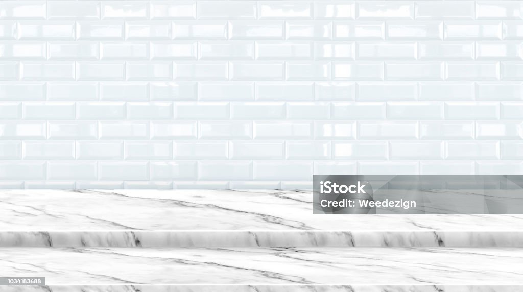 Empty setp marble marble table top with white ceramic tile wall background,Mock up banner ads for display of product or your design,Luxury modern theme. Empty setp marble marble table top with white ceramic tile wall background,Mock up banner ads for display of product or your design,Luxury modern theme Bathroom Stock Photo