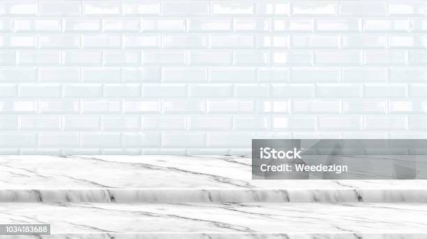 Empty Setp Marble Marble Table Top With White Ceramic Tile Wall Backgroundmock Up Banner Ads For Display Of Product Or Your Designluxury Modern Theme Stock Photo - Download Image Now