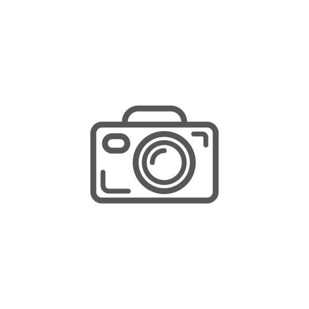 illustrazioni stock, clip art, cartoni animati e icone di tendenza di semplice icona grafica linea contorno vettoriale della fotocamera - studio shot flash