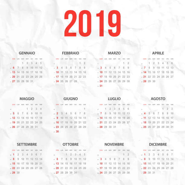 ilustrações, clipart, desenhos animados e ícones de italiano calendário 2019, sobre fundo branco amassado - personal organizer calendar concepts crumpled