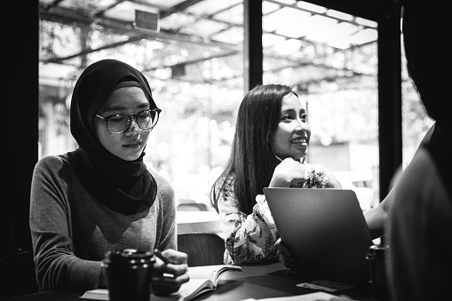 Friends, Togetherness, Monochrome, Cafe Culture - Friends at a cafe together.