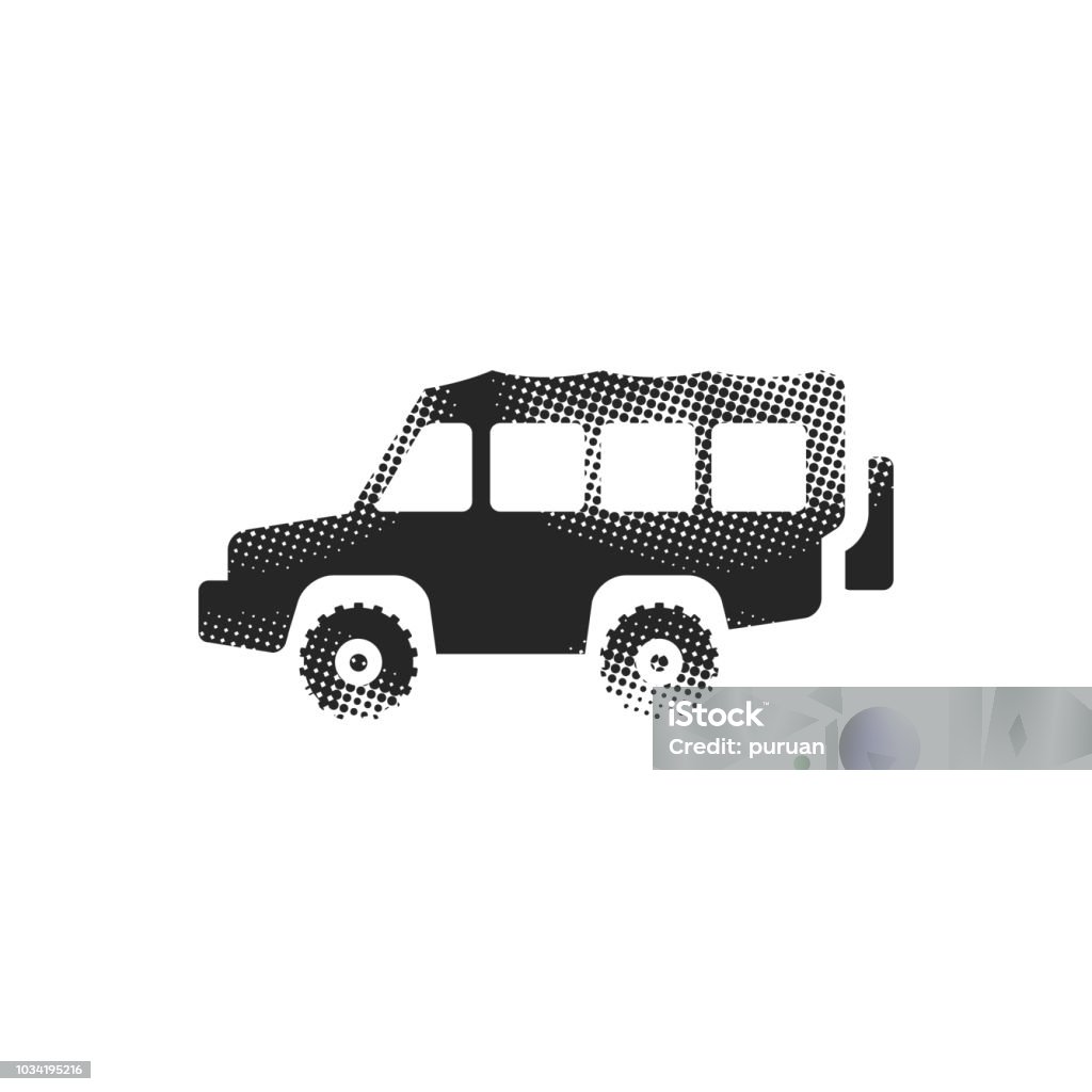 Halftone Icon - Offroad car Offroad car icon in halftone style. Black and white monochrome vector illustration. 4x4 stock vector