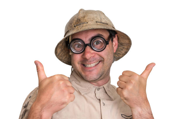 istock Funny explorer man with helmet isolated on white 1034195614