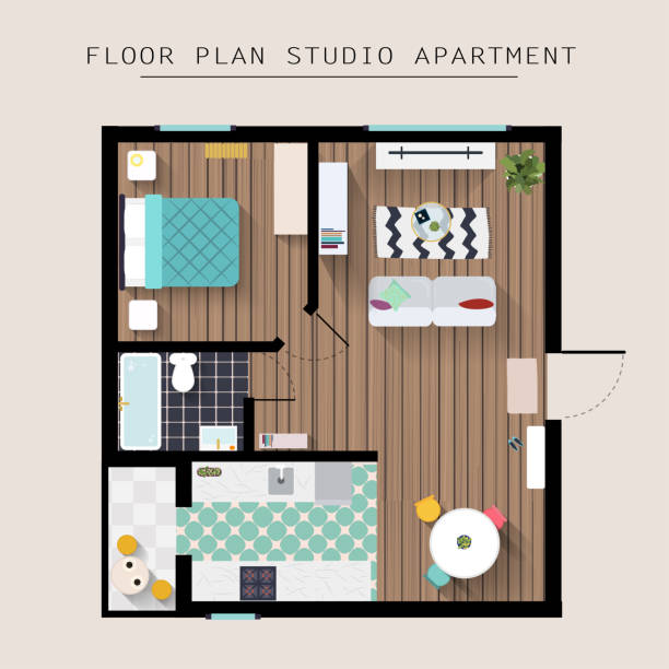 ilustrações de stock, clip art, desenhos animados e ícones de detailed apartment furniture overhead top view. studio apartment with one bedroom. flat style vector illustration. - plan house home interior planning