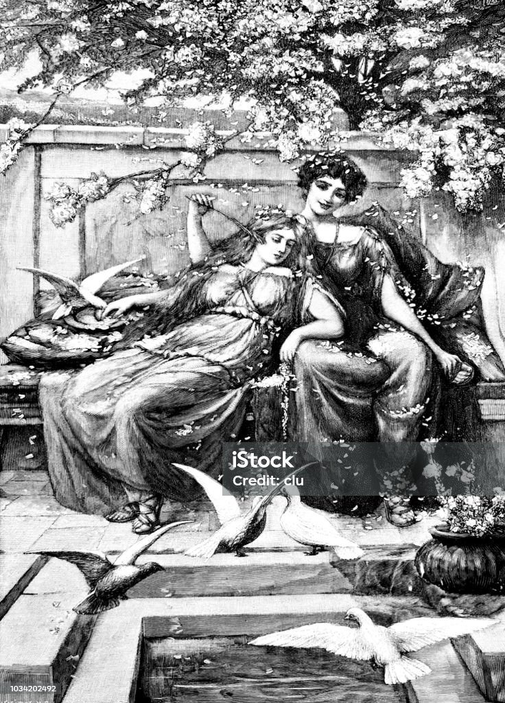 Young couple in love under flowers Illustration from 19th century 1890-1899 stock illustration