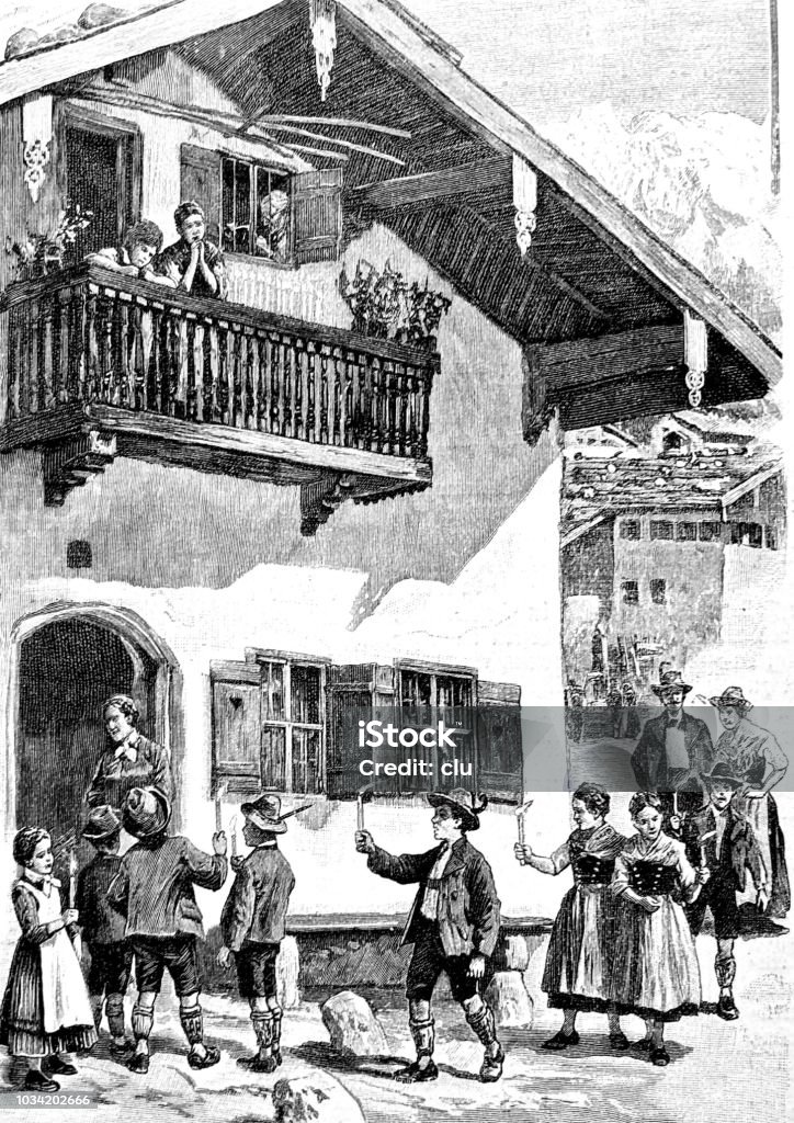 Traditional parade with pentecost candles in Berchtesgaden Illustration from 19th century Pentecost - Religious Celebration stock illustration