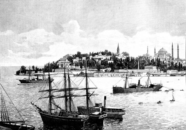 pałac topkapi i port w stambule - 1898 stock illustrations