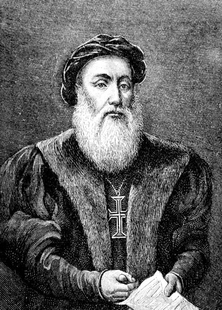 Portrait of Vasco da Gama, discoverer of the sea route to East India Illustration from 19th century vasco da gama india stock illustrations