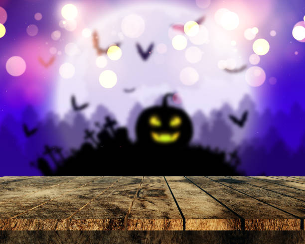 3D wooden table looking out to a spooky Halloween landscape