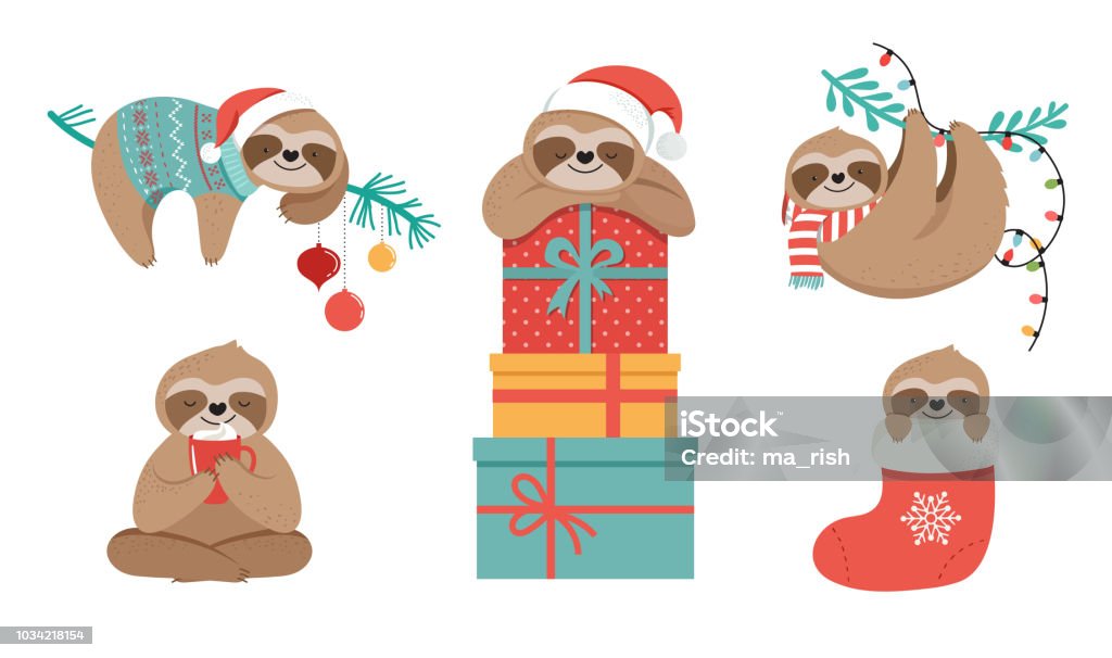 Cute sloths, funny Christmas illustrations with Santa Claus costumes, hat and scarfs, greeting cards set, banner Cute sloths, funny Christmas illustrations with Santa Claus costumes, hat and scarfs, greeting cards set - stock vector banner Christmas stock vector